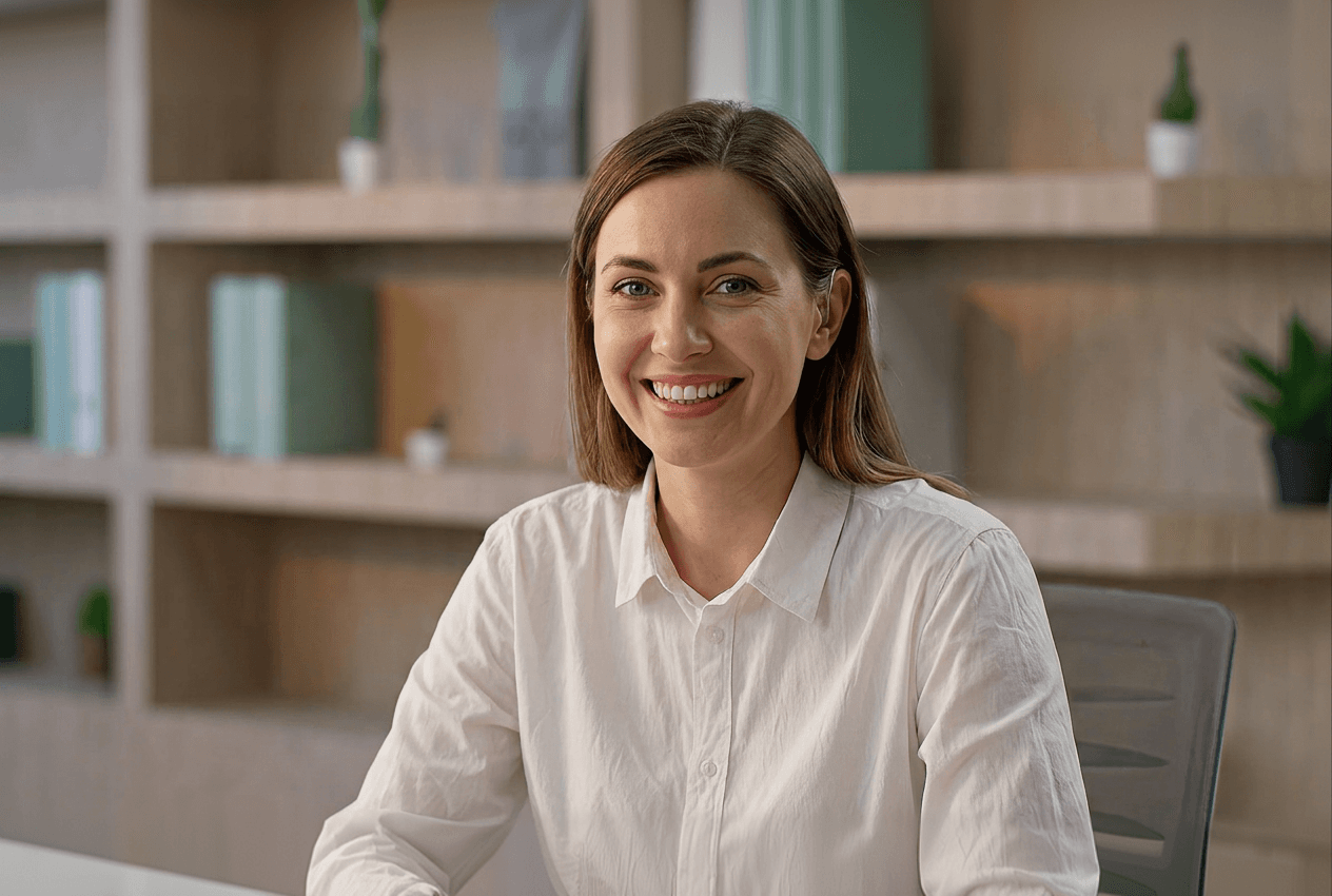 Smiling Meto clinician at her desk