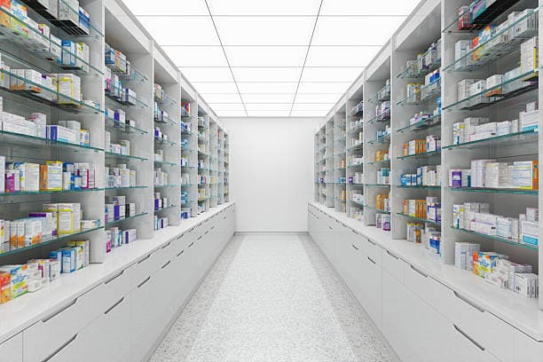 Pharmacy shelving aisle